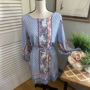 AAKAA Womens Dress Medium Blue Belted Shift Bohemian Print Beach Summer Festival